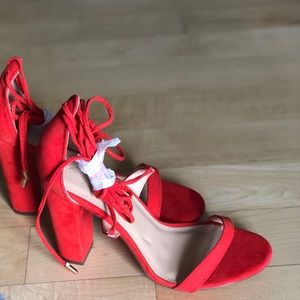 Red/Orange Tie Up Block Heel Shoes